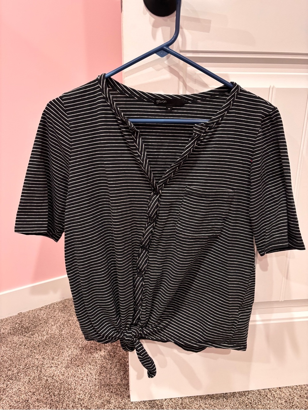 Gibson Black & White Striped Tie-Front Crop Top